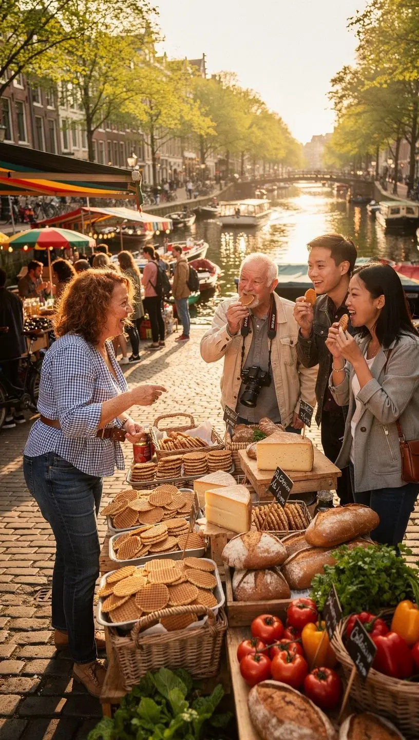 Gezellige sfeer bij een foodfestival waar bezoekers diverse Nederlandse streekproducten kunnen proeven en kopen.